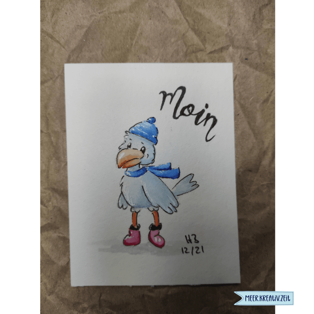 Karte mit Moin Gruß. Niedliche Möwe mit Mütze, Schal und Gummistiefel. Gemalt mit Aquarellfarben.